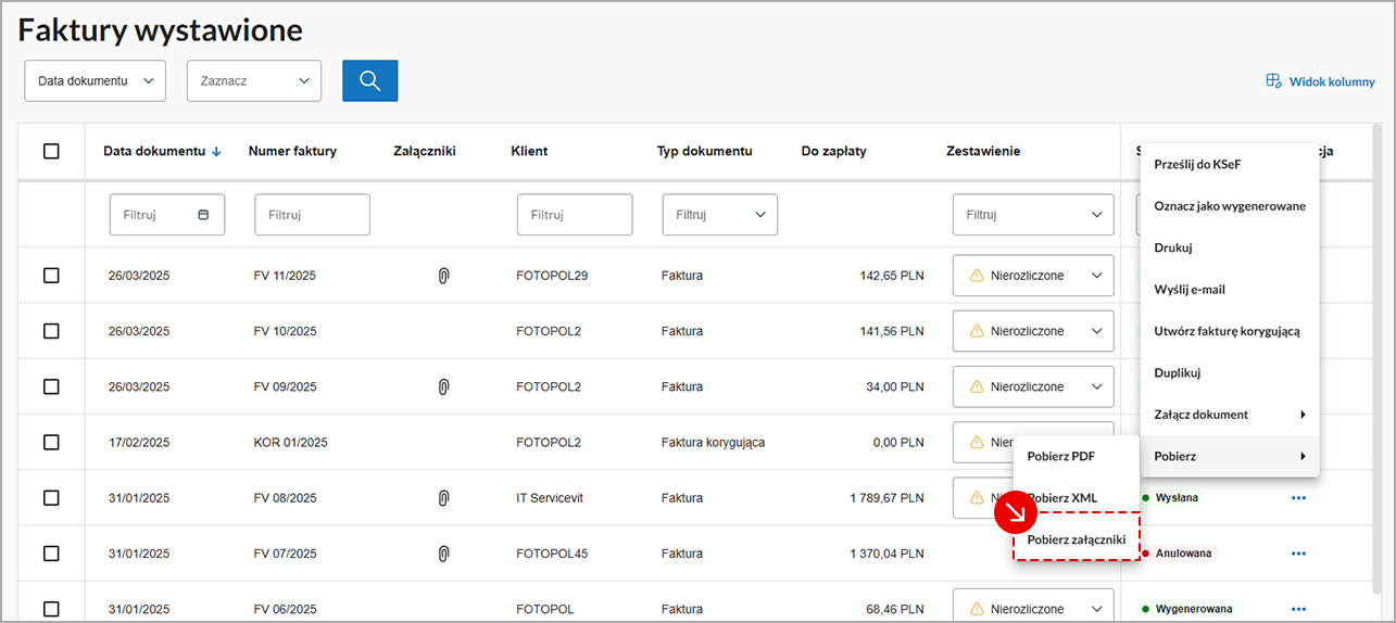Ekran z tabelą wystawionych faktur